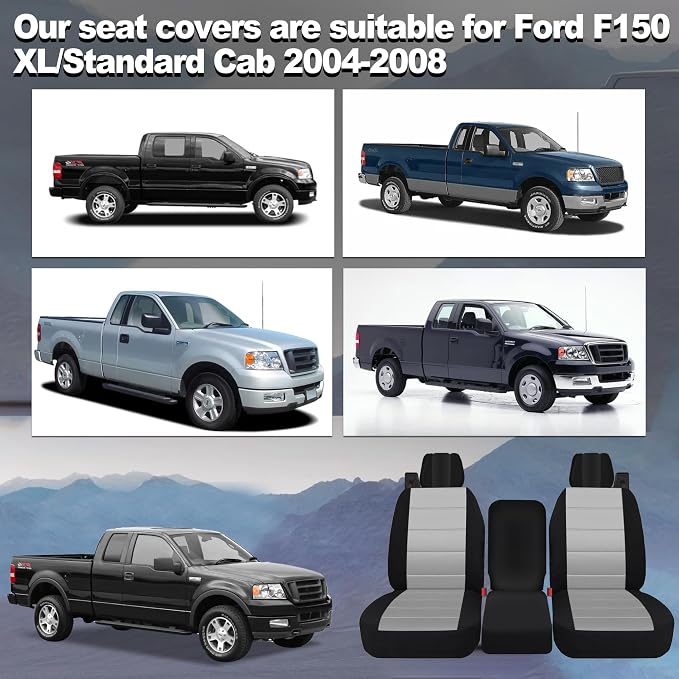 Custom 40/20/40 Split Bench Seat Covers for Ford F150 XL/Standard Cab 2004 2005 2006 2007 2008 Heavy Duty Cloth Protector Interior Accessories，Waterproof & Machine Washable - Gray