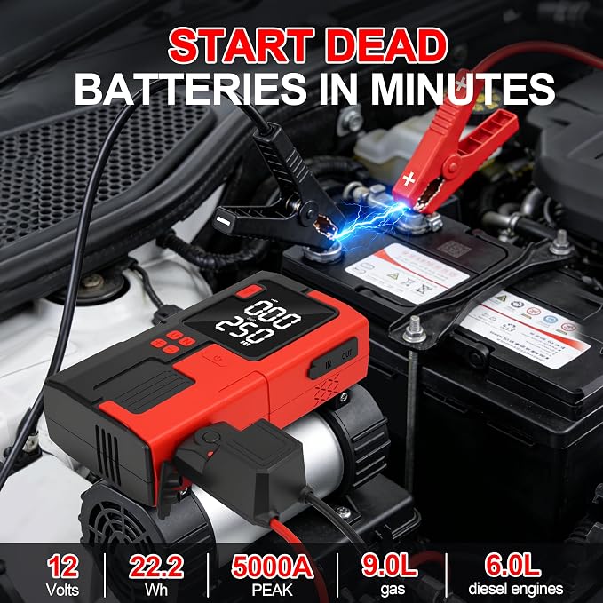 Jump Starter with Air Compressor, 5000A Tire Inflator, 16.8V Portable Jump Box with LED Light/Flashlight for 9.0L Gas/6.0L Diesel, Car Battery Jumper Starter Portable, Jumper Cables