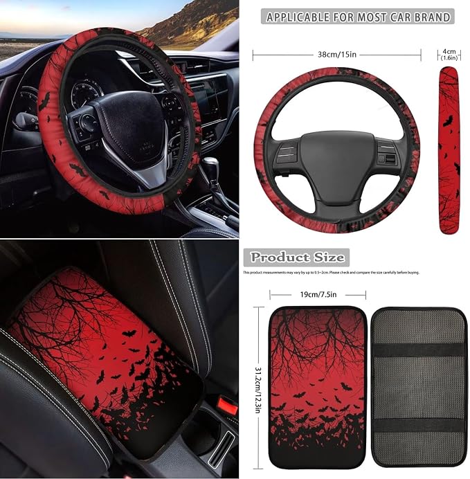 18Pcs Bat Car Seat Covers Full Set Center Console Cover+Steering Wheel Protector+Seat Belt Cover+Handbrake Protector+Car Cup Mats+Keychain+Headrest Cover Gothic Red Car Accessories