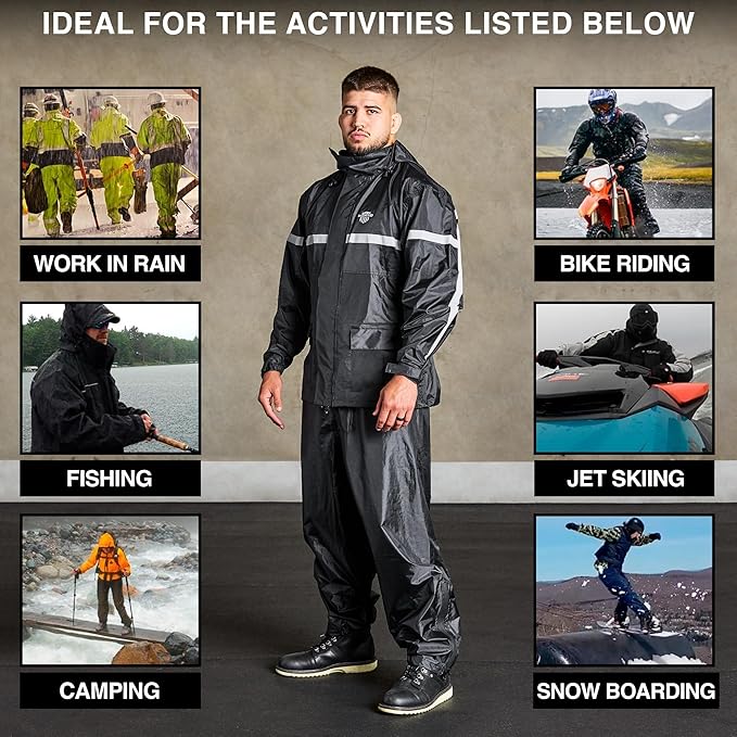 Waterproof Motorcycle Rain Suit, 2-Piece Reflective Gear, Lightweight Riding Jacket & Pants, Protective Raincoat with Hoodie