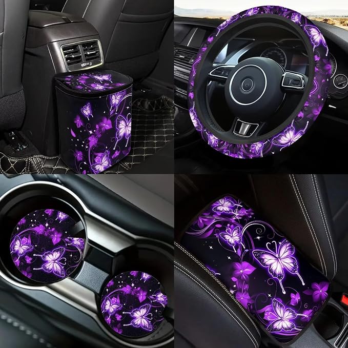 Purple Butterfly Car Seat Covers Full Sets of 18 Pieces Butterfly Car Interior Accessories Set with Soft Car Seat Belt Pads Cover Car Headrest Covers Steering Wheel Wrap,Universal Fit