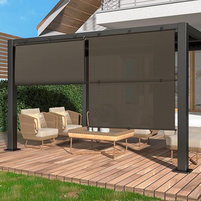 Coarbor Outdoor Roller Shades 5'W x 14'H Porch Sun Shades Outdoor Roll Up Blinds for Patio Porch Gazebo Balcony Backyard, Brown