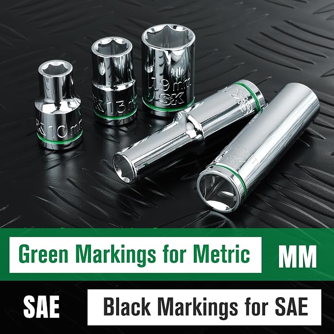 SK 1/2" Drive Socket Set, Metric Sockets, 11-Piece 10-20mm, SuperKrome Finish, Preminum CR-V Construction, with Aluminum Socket Organizer