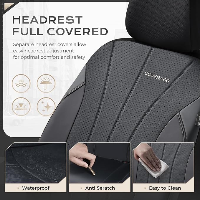 Coverado Car Seat Covers， 2 Front Seats Waterproof Nappa Leather Automotive Seat Protectors, Front Luxury Mesh Seat Covers, All-Weather Universal Fit for Most Cars SUVs, Trucks,Black