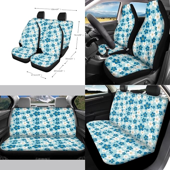 White Blue Cherry Blossom Pattern Car Accessories Car Seat Covers Full Set with Steering Wheel Covers+Seat Belt Pads+Coasters+Keychain+Lipstick Holder Universal Fit(13 Pack)