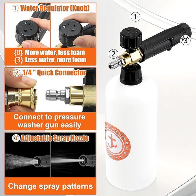 JOEJET Short Pressure Washer Gun with Foam Cannon Dual Connector Accessory, Car Wash Foam Gun with 1/4 Inch Quick Connector, 5 Pressure Washer Nozzle Tips, 1 Liter