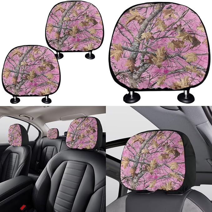KEIAHUAN Car Seat Covers Set for Women Men Camo Hunting Design Includes Gear Shift Cover&Handbrake Cover+Stretchy Steering Wheel Cover+Small Cup Coasters+Car Headrest Covers Auto Interior Accessories