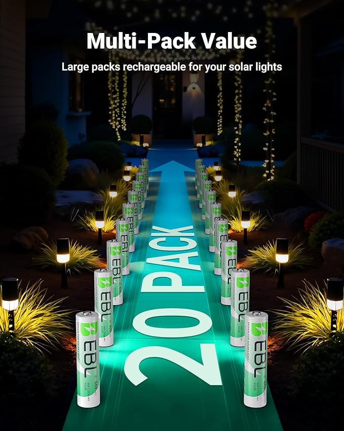 EBL Rechargeable AAA Batteries AAA Solar Battery for Outdoor Solar Lights Garden Light Replacement 1.2V 600mAh Battery AAA Size - 20 Packs