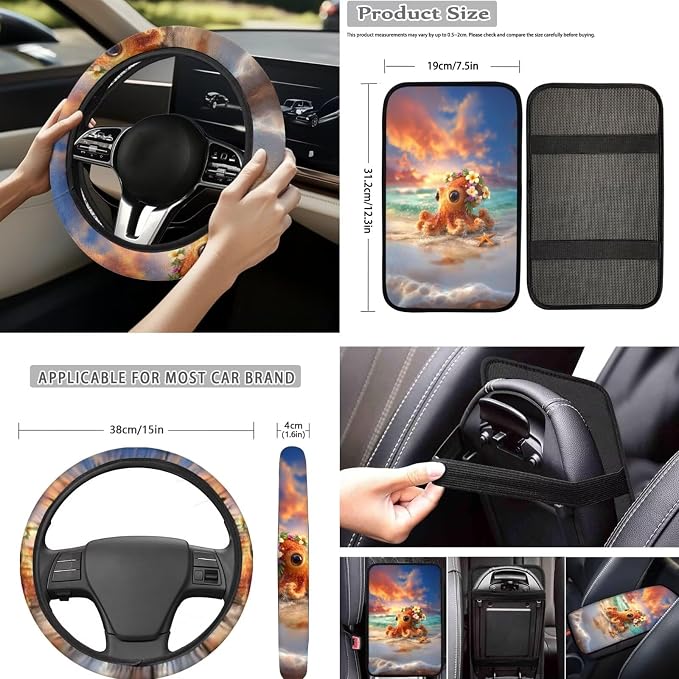 Forchrinse Octopus Car Accessories Set for Men Women 15pcs Car Front Back Seat Covers,Steering Wheel Cover,Seat Belt Pads Gear Shift Knob Handbrake Cover Cup Holder Trash Can
