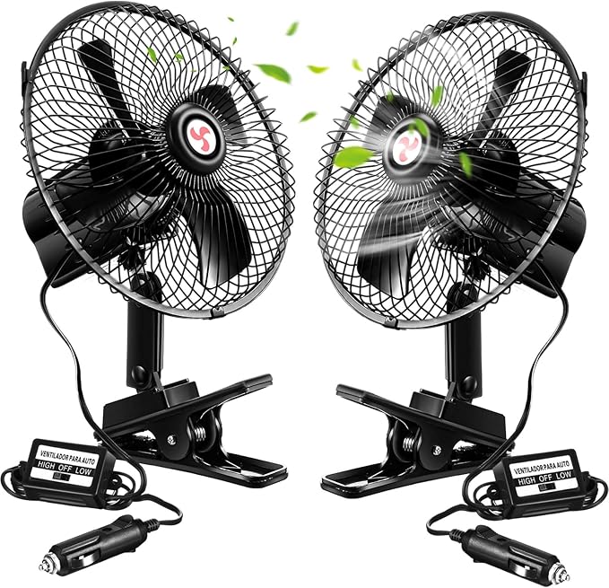 Tujoe 2 Pcs Portable Car Fan with Car Cigarette Lighter Electric Cooling 12 Volt Oscillating Fan 12 Volt Fan Automobile Vehicle 360 Degree Swivel Fan with Clip for Car Truck Supplies, Black (8 Inch)