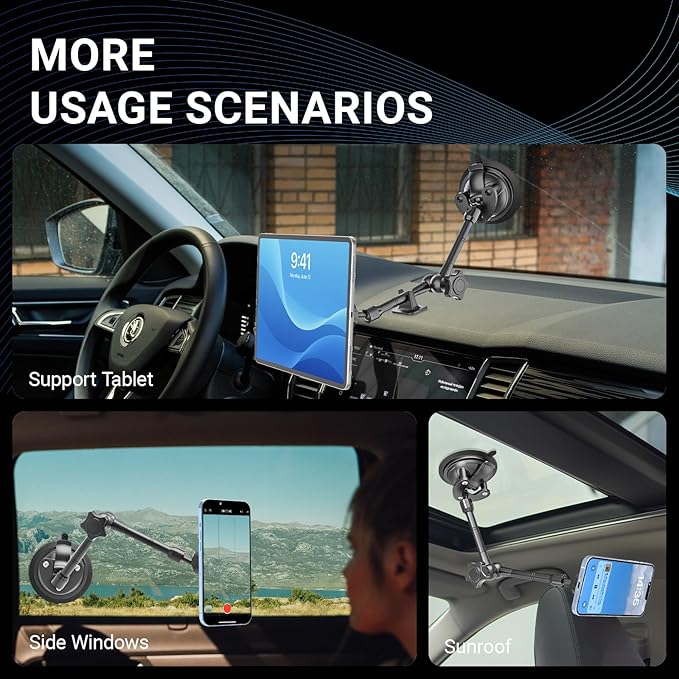 Vacuum Suction Cup Magnetic Phone Mount for Truck Windshield Dashboard, Fit for 4.7-11" Device, Heavy-Duty 360° Adjustable Metal Arm, Compatible with iPhone 16 15 14 Pro Max, iPad, Galaxy Tabs