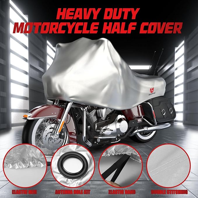 Rosefray 420D Motorcycle Half Cover-Outdoor Waterproof All Weather Protection Lightweight Half Cover,Silver XL Size for Most Touring Models Harley Davidson,Honda Goldwing,Road King Street Glide