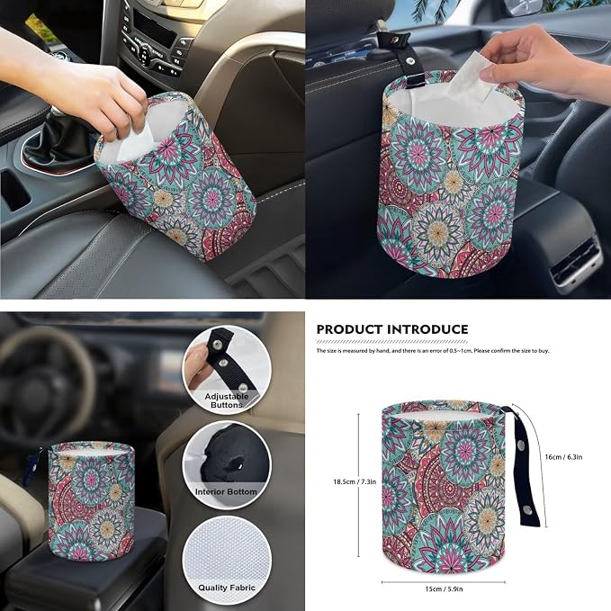 Boho Mandala Floral Car Accessories Car Seats Cover Protector, Steering Wheel Covers, Seatbelt Cover, Car Trash Can, Cup Coasters, Rearview Mirror Cover, Keychains, Pack of 15