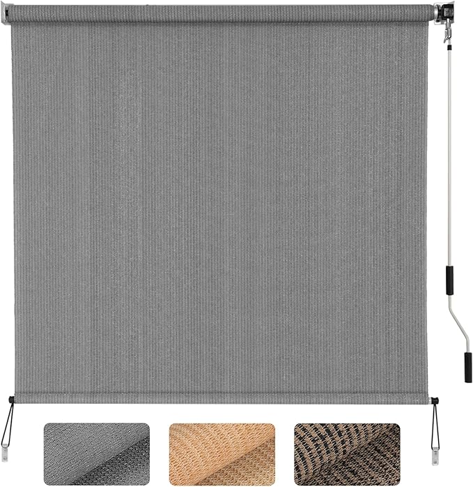 SMONTER Outdoor Sunshade Roller Shade 8'W x 8'H (96" Wx96 H), Exterior Cordless Roll Up Shades Blinds, UV Protection Shade Cloth with Crank Operation for Outside Windows Patio Porch Gazebo, Dark Grey