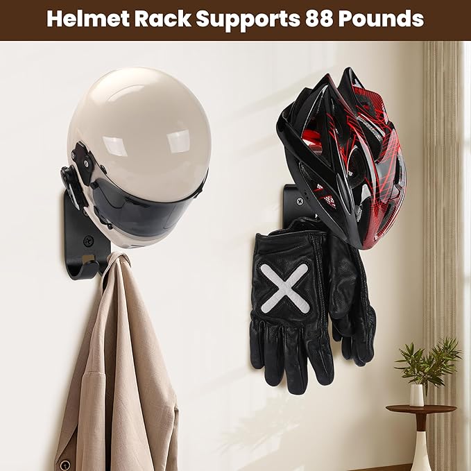 Motorcycle Helmet Holder Wall Mount - Solid Wood & Steel Gear Organizer Rack with 2 Hooks, Heavy Duty Display Hanger for Helmets, Football Gear, Ski Equipment, Hats, Jackets - 2 Pcs
