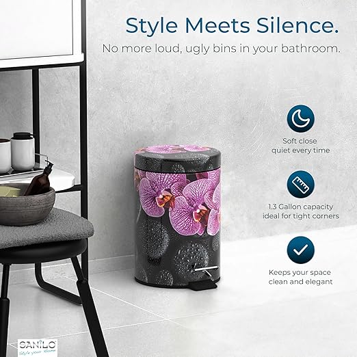 Sanilo Small Bathroom Trash Can with Lid [1.3 Gallon] - Lidded Tiny Trashcan for Garbage - Mini Metal Bin with Soft Closing Mechanism - Bath Room Accessoire Wastebin with Inner Bucket (Madeira)