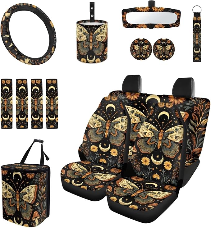 Goth Moon Moth 15Pcs Car Seat Cover Full Set Car Steering Wheel Cover Seat Belt Cover Trash Bin Front Rear View Mirror Car Cup Holder Keychain