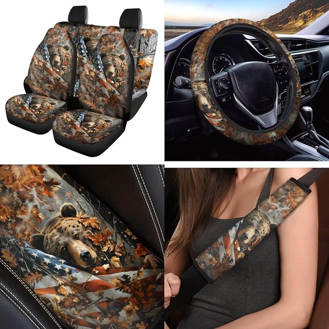 Camouflage Bear 12 Pack Car Seat Covers Full Set with Steering Wheel Cover Arm Rest Cover Car Cup Coasters Auto Seat Belt Cover Easy to Install Universal Fit for Vehicles,Cars,Suvs