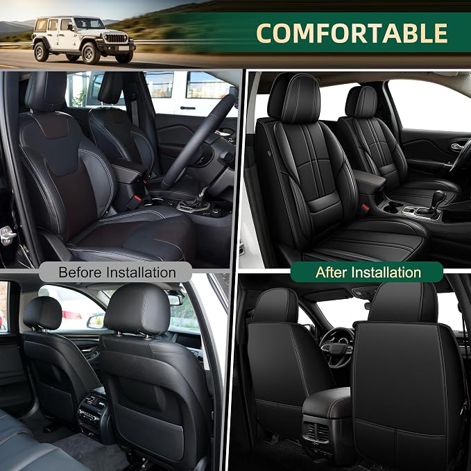 Seat Covers Fit for Jeep Wrangler 2003-2025 2026 - Waterproof Faux Leather Car Seat Covers-2PCS Front Seat Covers(Black)