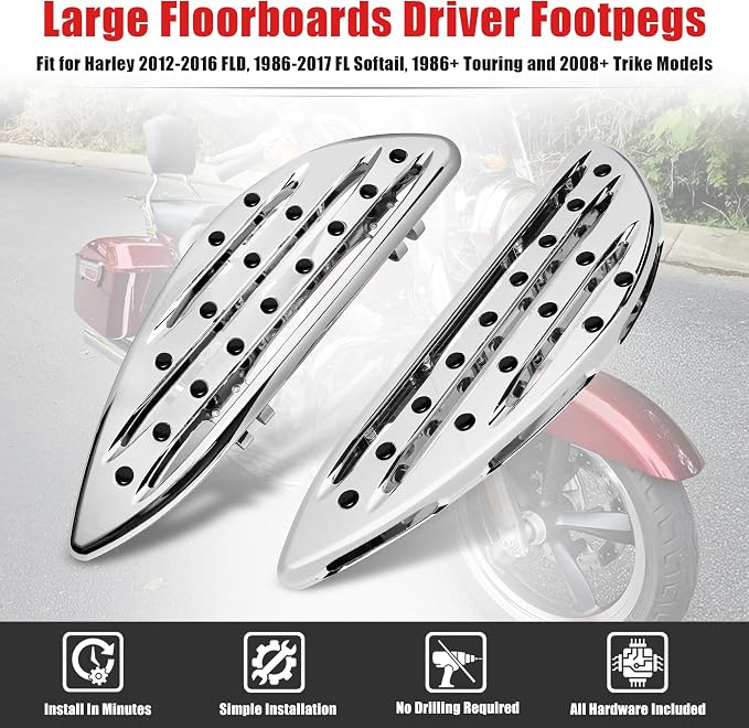 Goldfire Large Floorboards Driver Footpegs CNC Blade Aluminum Front Rider Foot Rest Pedal Motorcycle Accessories Fit for Harley Touring 1984-2017, Softail FL 1986-2017, Dyna FLD, Chrome