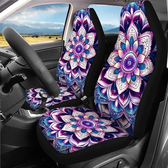 Purple Mandala lotus Car Seat Covers Full Sets 18 Pack Universal Car Interior Accessories Sets Hippie Print Steering Wheel Cover Car Seat Belt Pads Cover Car Headrest Covers Vehicle Trash Bag