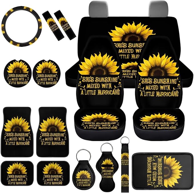 She's Sunshine Sunflower Car Seat Covers Full Sets of 17 Pcs Sunflower Car Accessories Set with Front and Split Rear She's Sunshine Car Floor Mats Seat Belt Cover Pad Universal Fit Car SUV