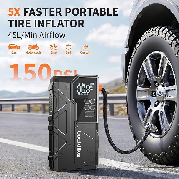 Lucklike Jump Starter with Air Compressor, 6000A 150PSI Car Battery Jumper Starter Portable (All Gas/12L Diesel) 12V Jump Box Car Battery Jump Starter with Tire Inflator, 800LM Light, Jumper Cables