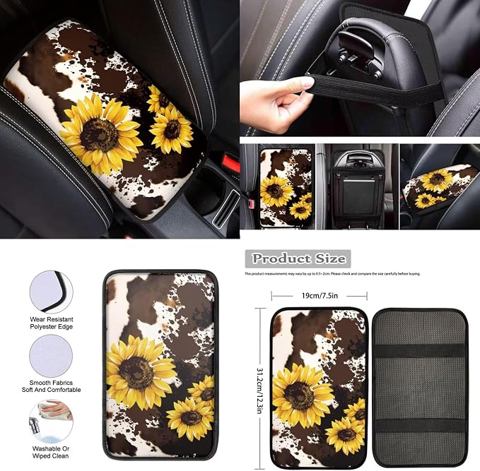 Sunflower Cow Print 12 Pack Car Accessories Set with Car Seat Covers Full Set Steering Wheel Cover Center Console Cover Auto Seat Belt Cover Gear Lever Cover Fit for Cars SUV