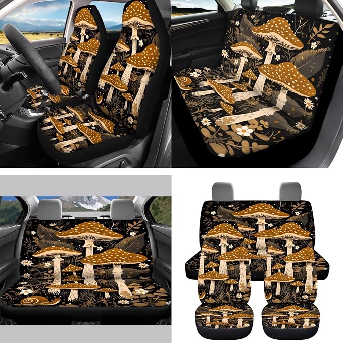Mushroom Car Aaccessories Full Set of 15 Pcs, Cute Car Seat Covers Set with Rear View Mirror Cover,Steering Wheel Covers,Car Trash Can with Lid for Women Man,Universal Fit
