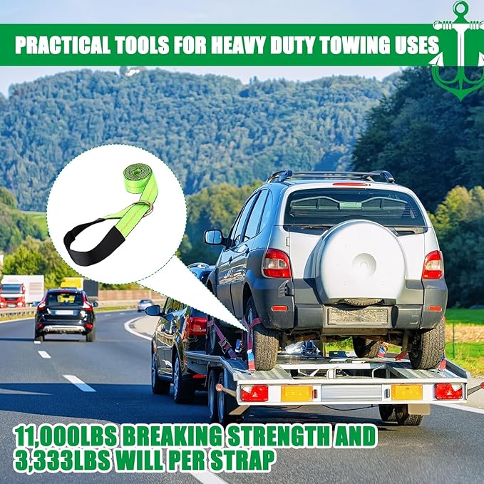 4 Pack Lasso Tow Truck Straps with D Ring 11, 000 Lbs Break Strength D Ring Auto Tie Down Wheel Lift Trailer Strap for Hauling Utv SUV Wrecker Rollback (2" X10ft)