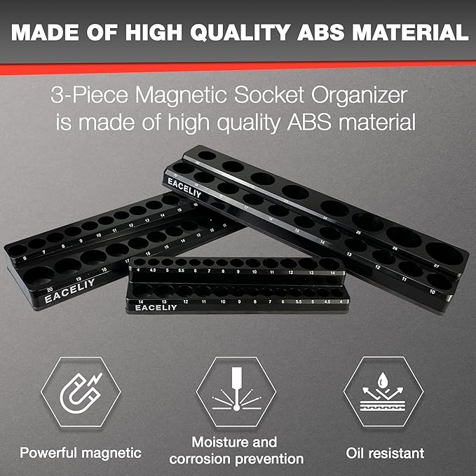 EACELIY 3Pcs 1/2", 1/4" and 3/8" Magnetic Socket Organizer Set,Metric Socket Holder Kit, Socket Trays，holds 75 Deep and Shallow 3/8" Sockets(sockets not included)