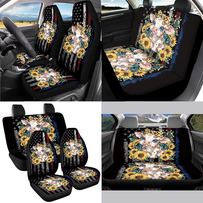 Cow Sunflower American Flag Print Car Accessories Pack of 13, Car Front and Rear Seat Covers Set of 4, 1 Steering Wheel Cover, 4 Wear Resisting Safe Belt Pad, 4 Cup Coasters for Women Men
