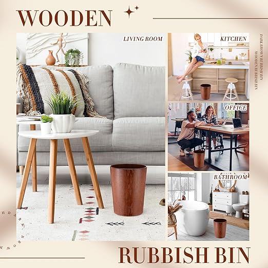Threehoney 2 Pack 2.3 Gallons Wood Trash Can Wastebasket Natural Wood Round Wastebasket Small Trash Bin for Home, Office Under Desk, Kitchen, Bedroom, Hotel, Room(Dark Brown,Flat)