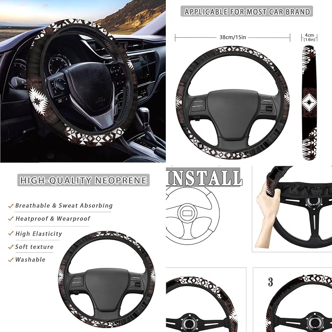Aztec Najavo Auto Seat Covers Full Set with Steering Wheel Cover Shoulder Pads, Bucket Car Seat Covers Car Accessories Universal Fit for Most Cars, Black and White