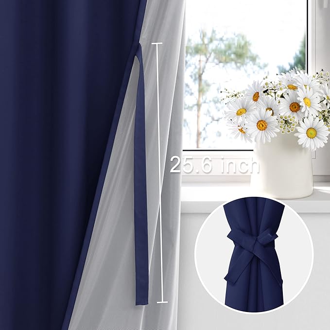 XWZO Full Shading Blackout Curtains 72 Inches Length - Heat and Light Blocking Ring Top Window Drapes with Black Liner Backing for Bedroom Sewn with Tiebacks, Navy Blue, W52 x L72, Set of 2