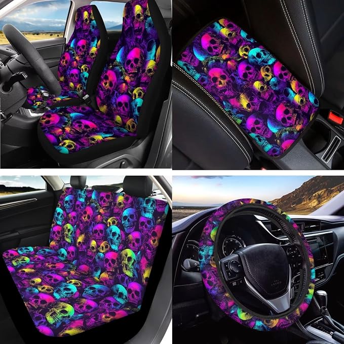 Skull Print Car Seat Covers Set of 15 High Back Front and Back Seat Covers with Steering Wheel Cover Safety Belt Pads Headrest Protectors Armrest Cushion Cup Coasters and Keychain