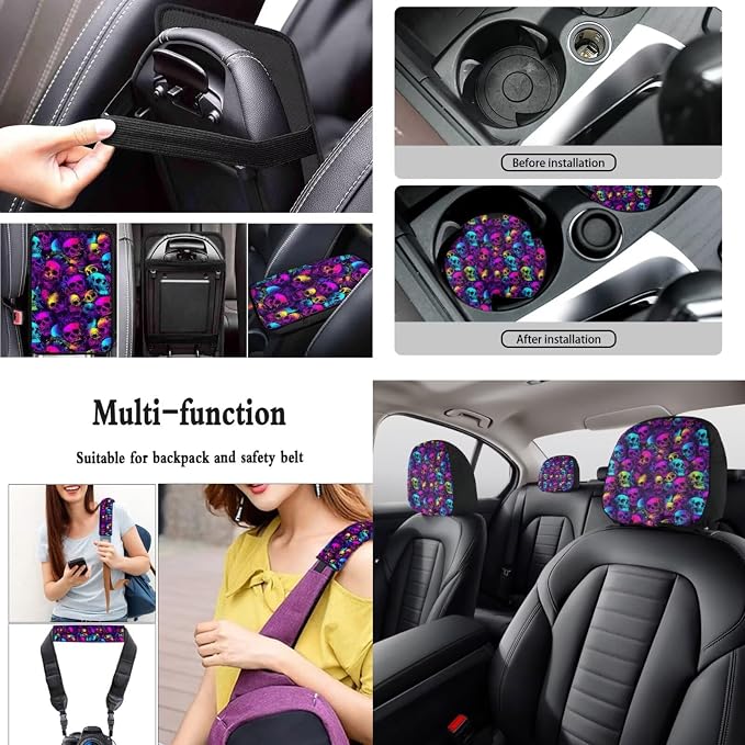 Skull Print Car Seat Covers Set of 15 High Back Front and Back Seat Covers with Steering Wheel Cover Safety Belt Pads Headrest Protectors Armrest Cushion Cup Coasters and Keychain