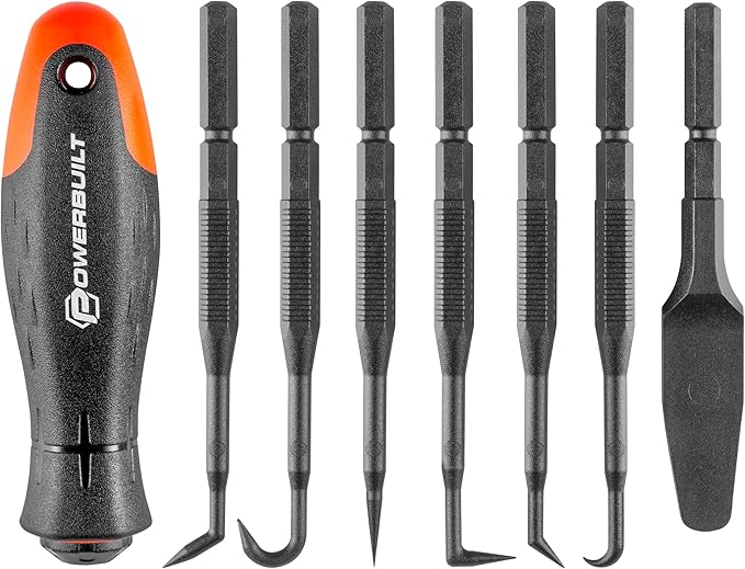 Powerbuilt O-Ring Hook and Pick Set, 7 Interchangeable Picks with Double Injection Handle, Cars, Machinery, Plumbing - 643063ECE