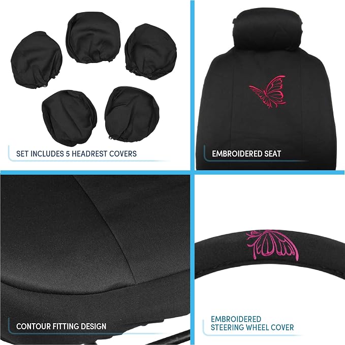 BDK Pink Butterfly Print Car Seat Covers, Full Set with Steering Wheel Cover and Seat Belt Pads, Front and Rear Universal Fit for Car Truck SUV Van, Cute Auto Interior Accessory for Women Girl