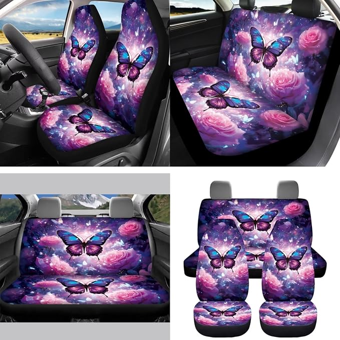 Purple Floral Car Aaccessories Full Set of 15 Pcs, Butterfly Car Seat Covers Set with Rear View Mirror Cover,Steering Wheel Covers,Car Trash Can with Lid for Women Man,Universal Fit