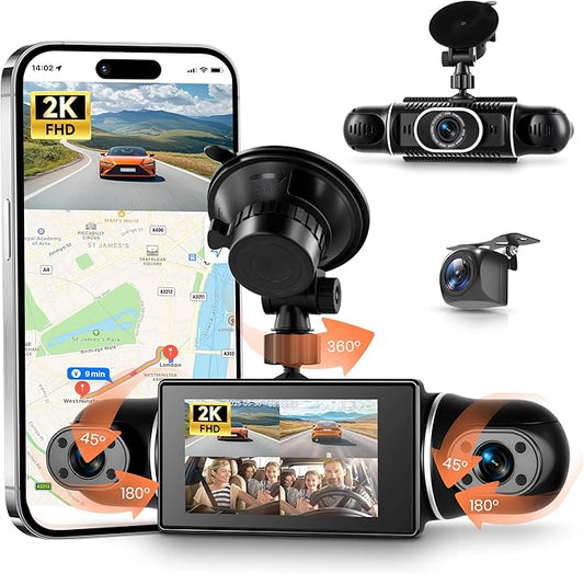 2K Dash Cam 360° View 4 Channel Front and Rear Dash Camera for Cars, 3x1080P, Left Right Dash Camera for Cars, 8 IR Lamps Night Vision, WiFi & APP Control, G-Sensor, 24H Parking Mode