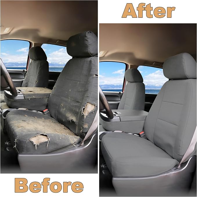 Seat Covers for Chevy Silverado & GMC Sierra 1500/2500HD 2007-2013 Heavy Duty Cloth Protector Interior Accessories，Waterproof & Machine Washable-Gray (Front)