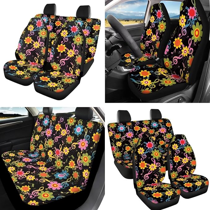 Music Note Car Accessories Rainbow Musical Auto Seat Covers for Front Back,Rainbow Boho Hippie Floral Car Steering Wheel Covers Keychains Safety Seatbelt Coasters Protection Set for Women