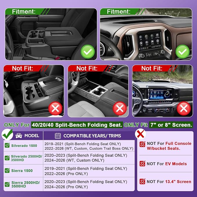 RUNROAD Center Console Hanging Organizer Box Compatible with 2019-2021 Chevy Silverado/GMC Sierra 1500 & 2020-2023 Silverado/Sierra 2500HD 3500HD Accessories Armrest Tray, Split Bench Seat ONLY 2PCS