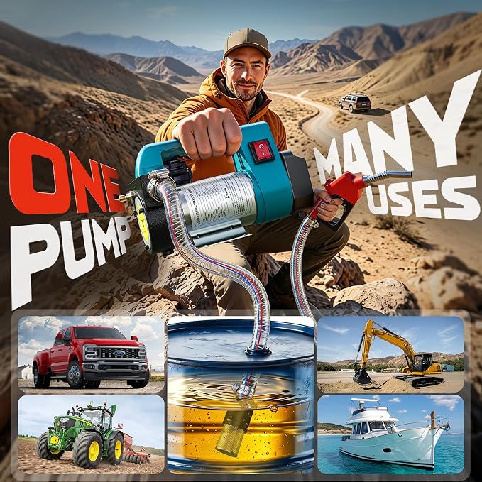 DIYtoolifz 12 GPM Cordless Fuel Transfer Pump Compatible with Makita 18V Battery, Battery-Powered Transfer Pump with Auto-Stop Nozzle for Diesel, Kerosene, 6.6 FT Hoses Electric Pump Kit, Bare Tool