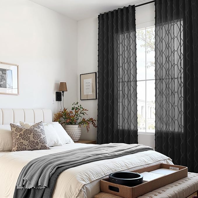 Black Sheer Curtains 84 Inches Long for Living Room Rod Pocket Back Tab Elegant Semi Sheer Curtain Geometric Embroidered Pom Textured Drapes Light Filtering Farmhouse Rustic Bedroom Nursery 52x84