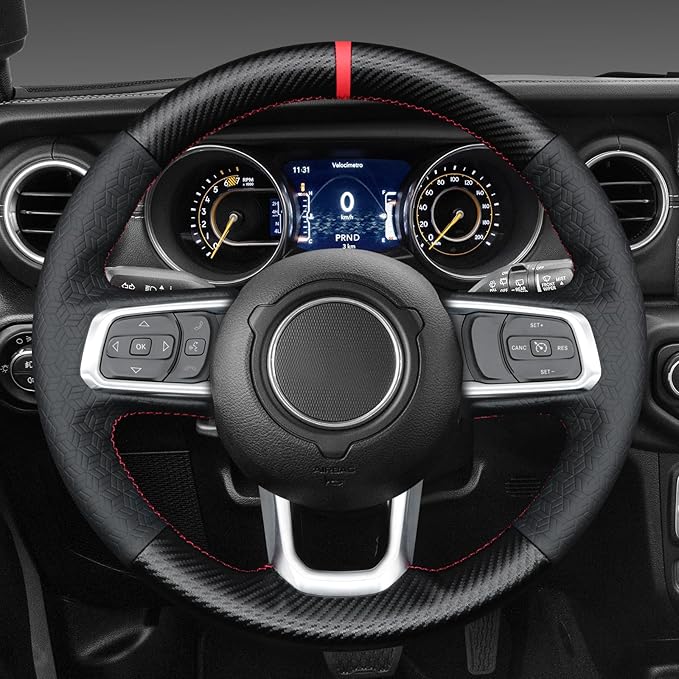 MEWANT Steering Wheel Cover for Jeep Gladiator (JT) 2020-2024 / Wrangler (JL) 2019-2024 / Wrangler Unlimited 2018-2023 Hand-Stitched Leather Car Steering Wrap for Jeep