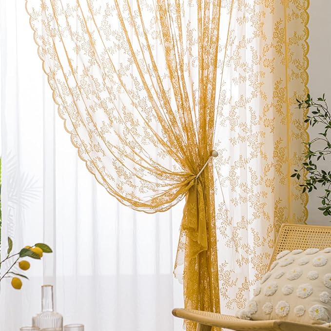 Sutuo Home Gold Lace Curtains Set of 2, Sheer Panels 72 Inch Length Floral Embroidery Vintage Voile Window Treatment Pair for Bedroom Living Room Kitchen, Shabby Chic Decor Rod Pocket, W57 x L72