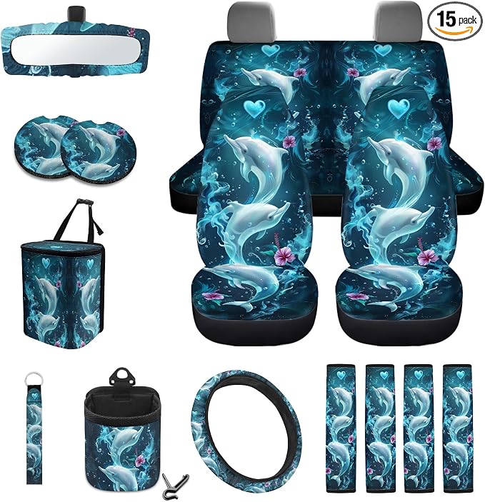 Dolphin Hibiscus Heart Print Car Seat Cover Full Set of 15 Steering Wheel Covers Seatbelt Strap Pad Trash Cans Air Vent Storage Bag Rearview Mirror Cover Cup Holder Keychain