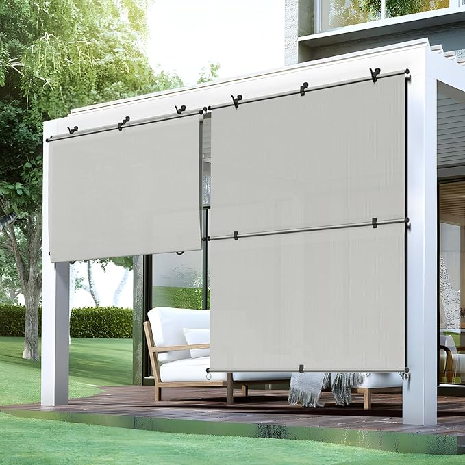Bynbbur 7'W x 12'H Outdoor Patio Shades Foldable Roller Blinds, 220 GSM Sun Shade Roll Up Porch Screens Exterior Shade Cloth for Deck Pergola Backyard, Light Gray